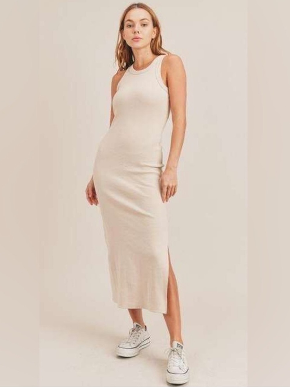 Mable Oatmeal Beige Ribbed Knit Racerback Midi Tank Dress Sz L - Picture 2 of 15